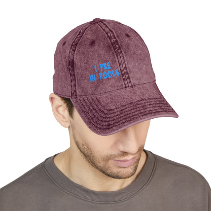 I Pee In Pools Vintage Hat – Funny Hat with Bold Blue Text for Lifeguard Terrors and Poolside Menaces