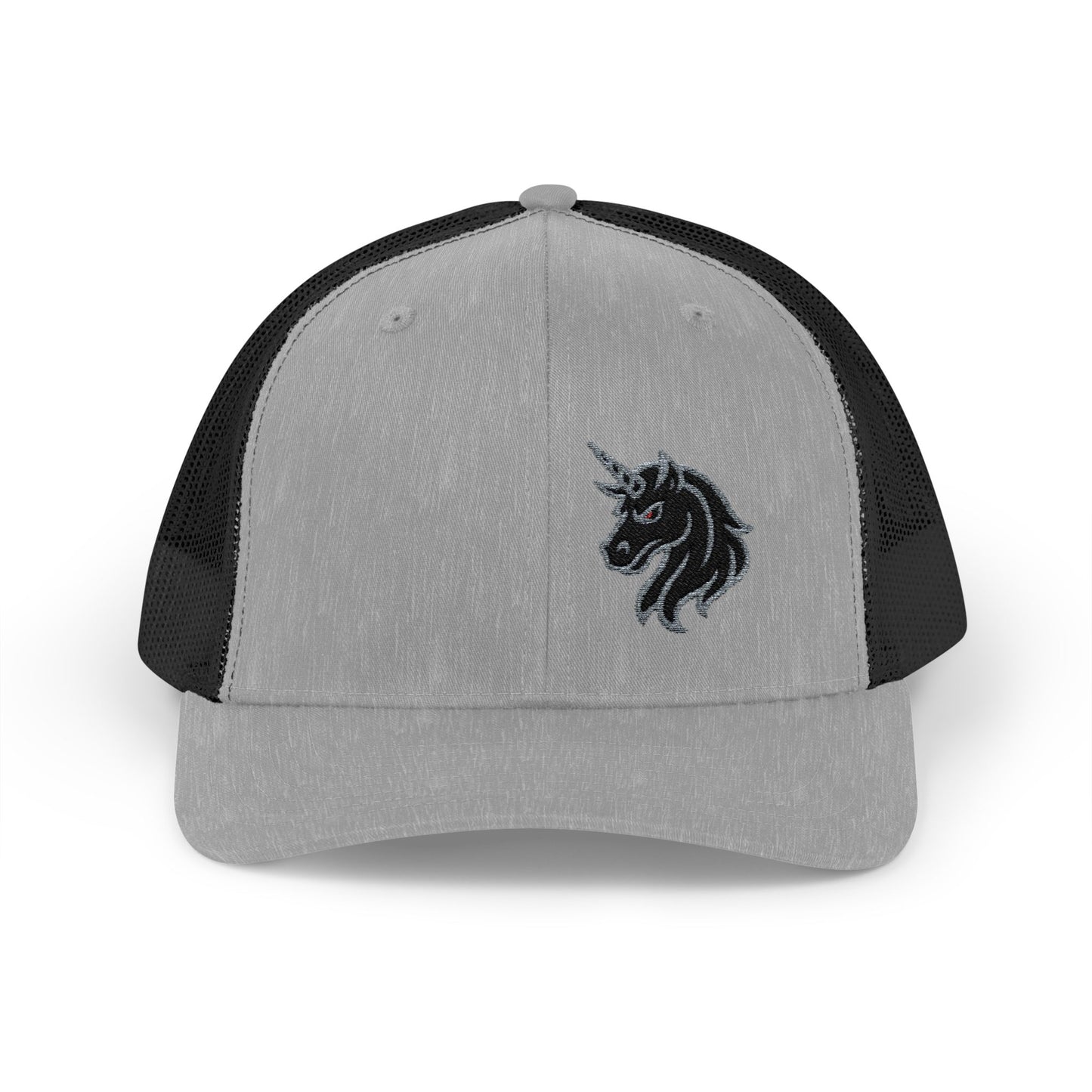 Angry Unicorn Trucker Hat – Embroidered Gothic Fantasy Hat with Red Eyes and Fierce Horned Design