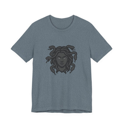 Medusa Graphic T-Shirt – Dark Theme Grayscale Snake-Haired Gorgon Design on Black Tee with Dark Myth Vibe and Modern Ghost Effect. Unisex Jersey Short Sleeve Tee