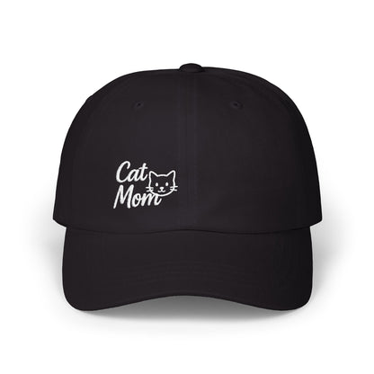 Cat Mom Classic Dad Hat – Embroidered Minimalist Cat Face Hat for Feline-Loving Women with Style. White Letters