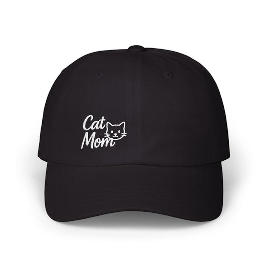 Cat Mom Classic Dad Hat – Embroidered Minimalist Cat Face Hat for Feline-Loving Women with Style. White Letters
