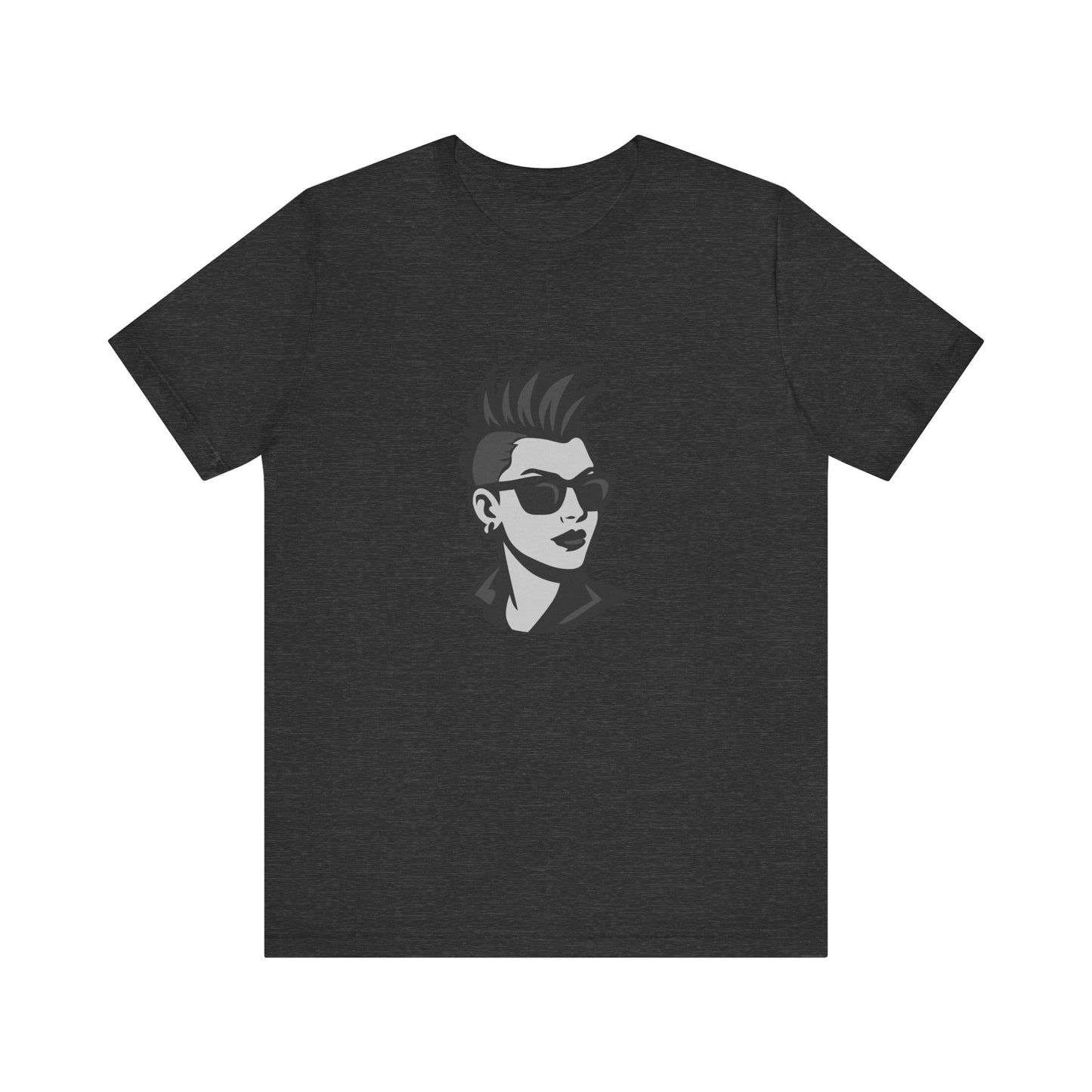 Punk Girl Graphic T-Shirt – Dark Theme Grayscale Spiked Hair Portrait on Black Tee with Bold Energy and Modern Ghost Effect. Unisex Jersey Short Sleeve Tee