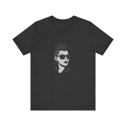 Punk Girl Graphic T-Shirt – Dark Theme Grayscale Spiked Hair Portrait on Black Tee with Bold Energy and Modern Ghost Effect. Unisex Jersey Short Sleeve Tee