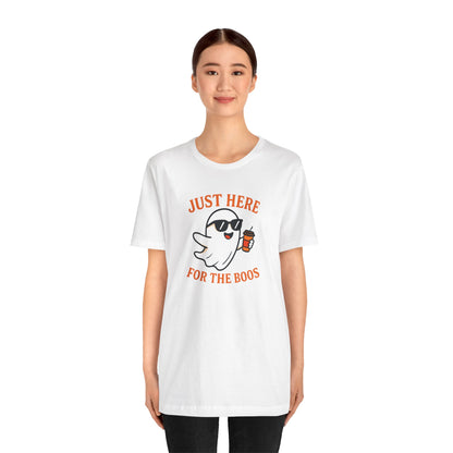 Just Here for the Boos Halloween Shirt – Funny Ghost Drinking Coffee Graphic Tee for Spooky Season