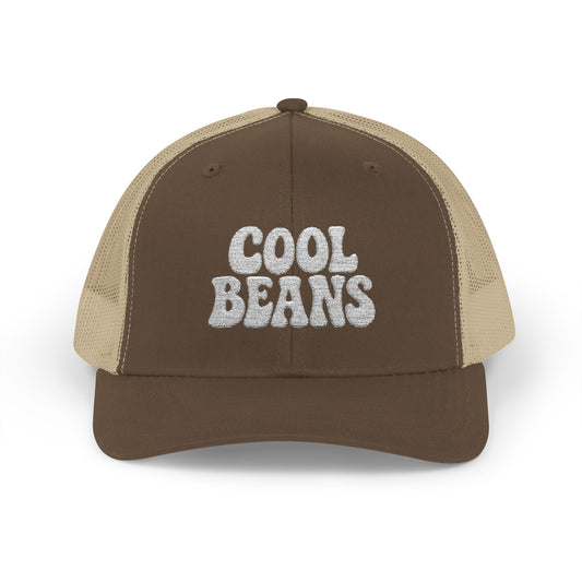 Cool Beans Trucker Hat – Embroidered Funny Minimalist Hat for Dry Humor and Casual Vibes. White Letters