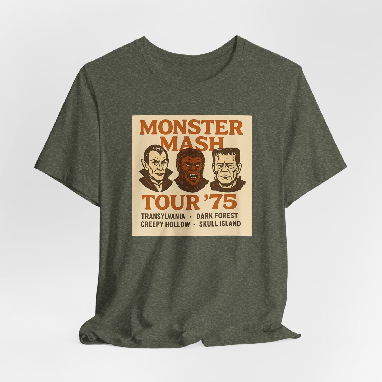 Monster Mash Tour '75 Halloween Shirt – Vintage Horror Band Tee Featuring Dracula, Wolfman, Frankenstein