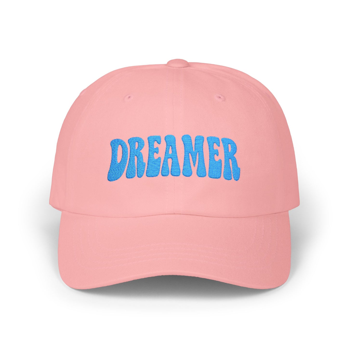Dreamer Classic Dad Hat – Embroidered Minimalist Script Hat for Visionaries, Creatives, and Chill Daydreamers. Blue Letters
