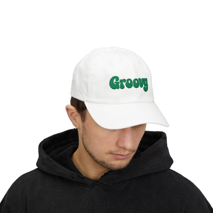 Groovy Classic Dad Hat – Retro Embroidered Hat with 70s Style Font for Funky Vibes, Chill Days, and Vintage Cool. Green Letters