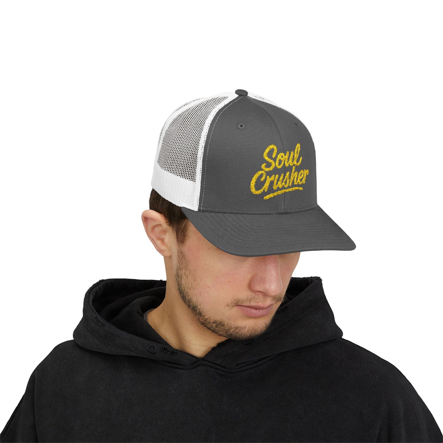 Soul Crusher Trucker Hat – Clean Script Hat with Bold Edge for Heartbreakers, Villains, and Power Moves. Yellow Letters