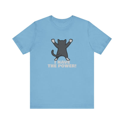 I Have the Power Cat Shirt – Hilarious Victory Pose in Dark Theme Feline Graphic Style. Unisex Jersey Short Sleeve Tee