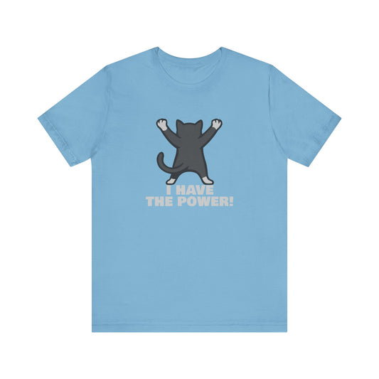 I Have the Power Cat Shirt – Hilarious Victory Pose in Dark Theme Feline Graphic Style. Unisex Jersey Short Sleeve Tee
