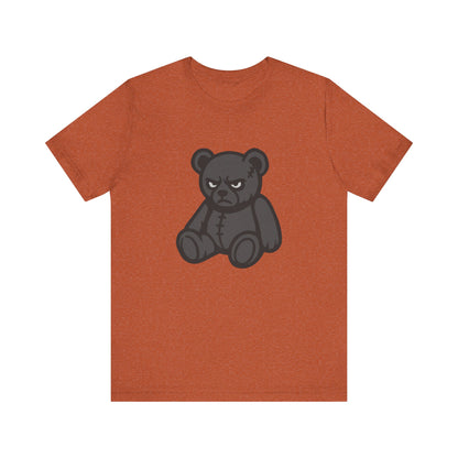 Angry Teddy Bear Graphic T-Shirt – Dark Theme Grayscale Plush with Attitude on Black Tee for Edgy or Ironic Style. Unisex Jersey Short Sleeve Tee