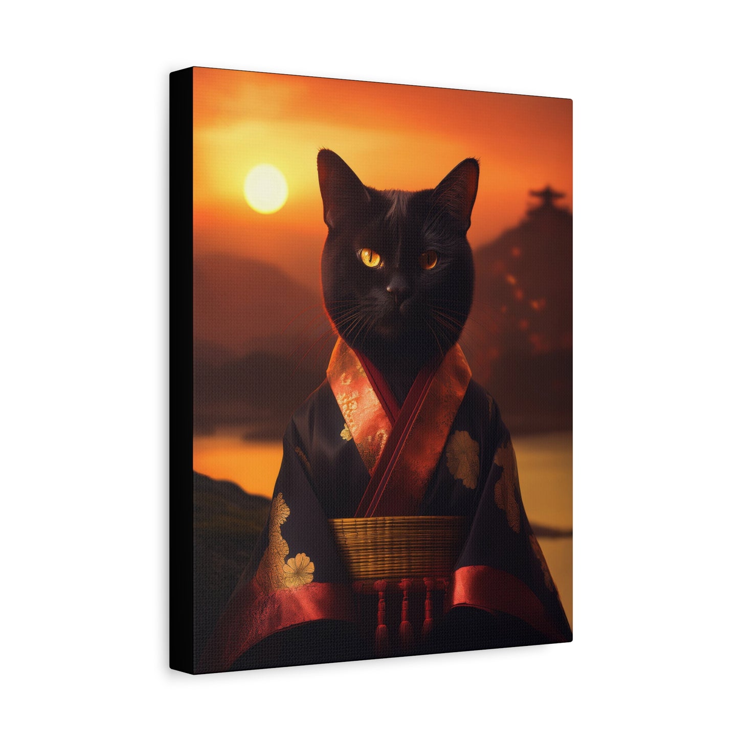 Zen Whiskers: Geisha Cat at Sunset Canvas Art | Stretched Matte Wall Decor 002