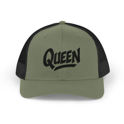 Queen Trucker Hat – Embroidered Crown Hat for Confident Women. Black Letters