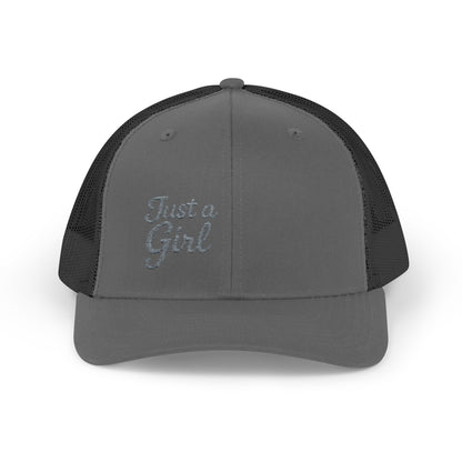 Just a Girl Trucker Hat – Minimalist Script Hat with Bold Feminine Energy and Classic Style. Grey Letters
