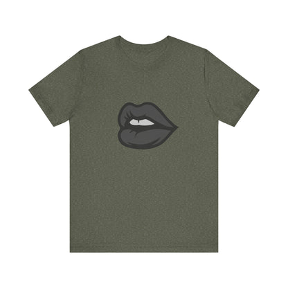 Dark Lips Graphic T-Shirt – Dark Theme Grayscale Biting Lip Design on Black Tee with Subtle Seduction and Modern Ghost Effect. Unisex Jersey Short Sleeve Tee