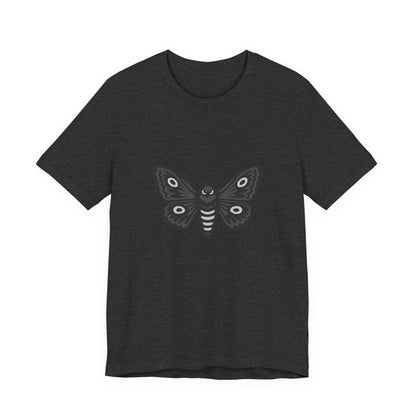 Moth Graphic T-Shirt – Dark Theme Grayscale Winged Insect Design on Black Tee with Gothic Mood and Subtle Modern Ghost Effect. Unisex Jersey Short Sleeve Tee