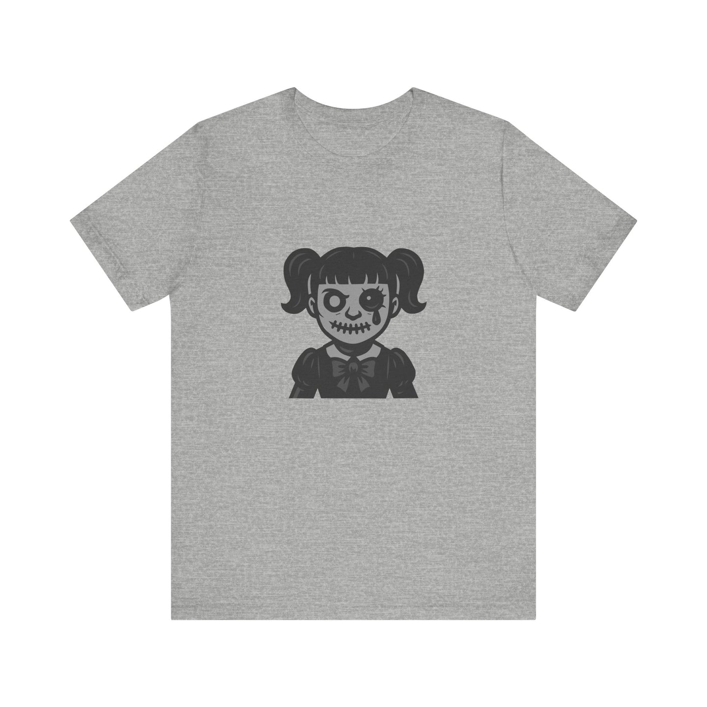 Scary Doll Graphic T-Shirt – Dark Theme Grayscale Creepy Cute Girl Design on Black Tee with Haunted Vibes and Modern Ghost Effect. Unisex Jersey Short Sleeve Tee