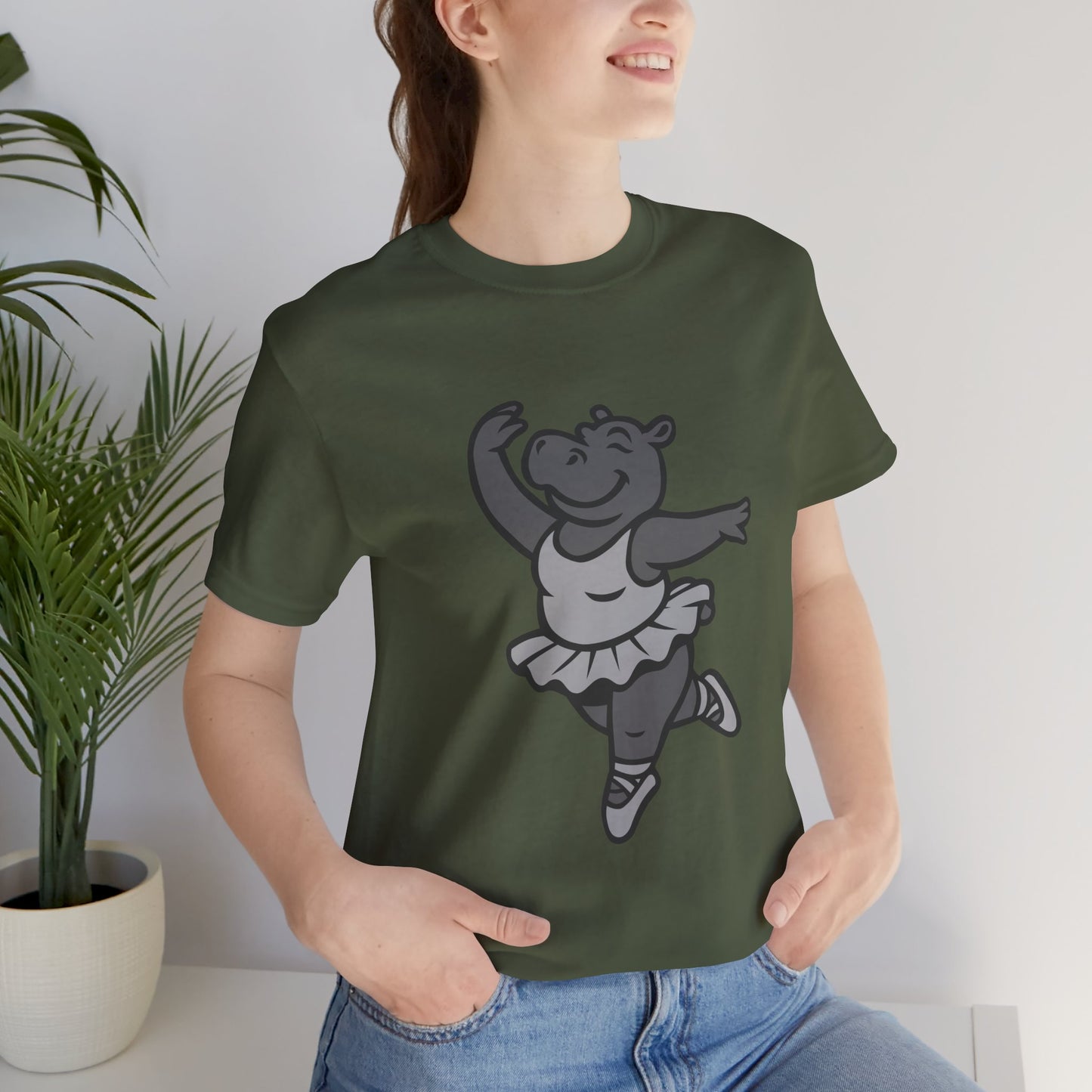 Dancing Hippo Graphic Tee Dark Theme – Funny Ballet Hippo Vector Design with Playful Energy