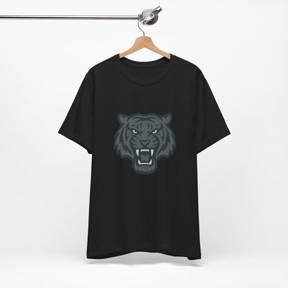 Tiger Head Graphic T-Shirt – Dark Theme Grayscale Roaring Beast Design on Black Tee with Fierce Focus and Modern Ghost Effect. Unisex Jersey Short Sleeve Tee