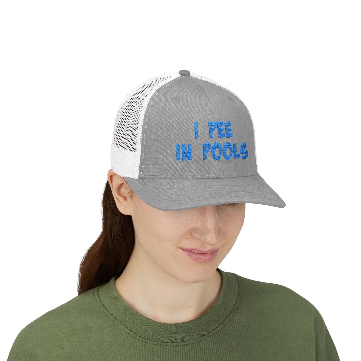 I Pee In Pools Trucker Hat – Funny Hat with Bold Blue Text for Lifeguard Terrors and Poolside Menaces