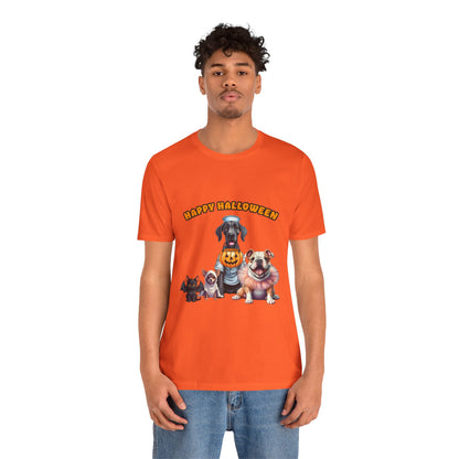 Happy Halloween Pet Parade Shirt – Cute Halloween Dogs and Cat in Costumes. Unisex Jersey Short Sleeve Tee