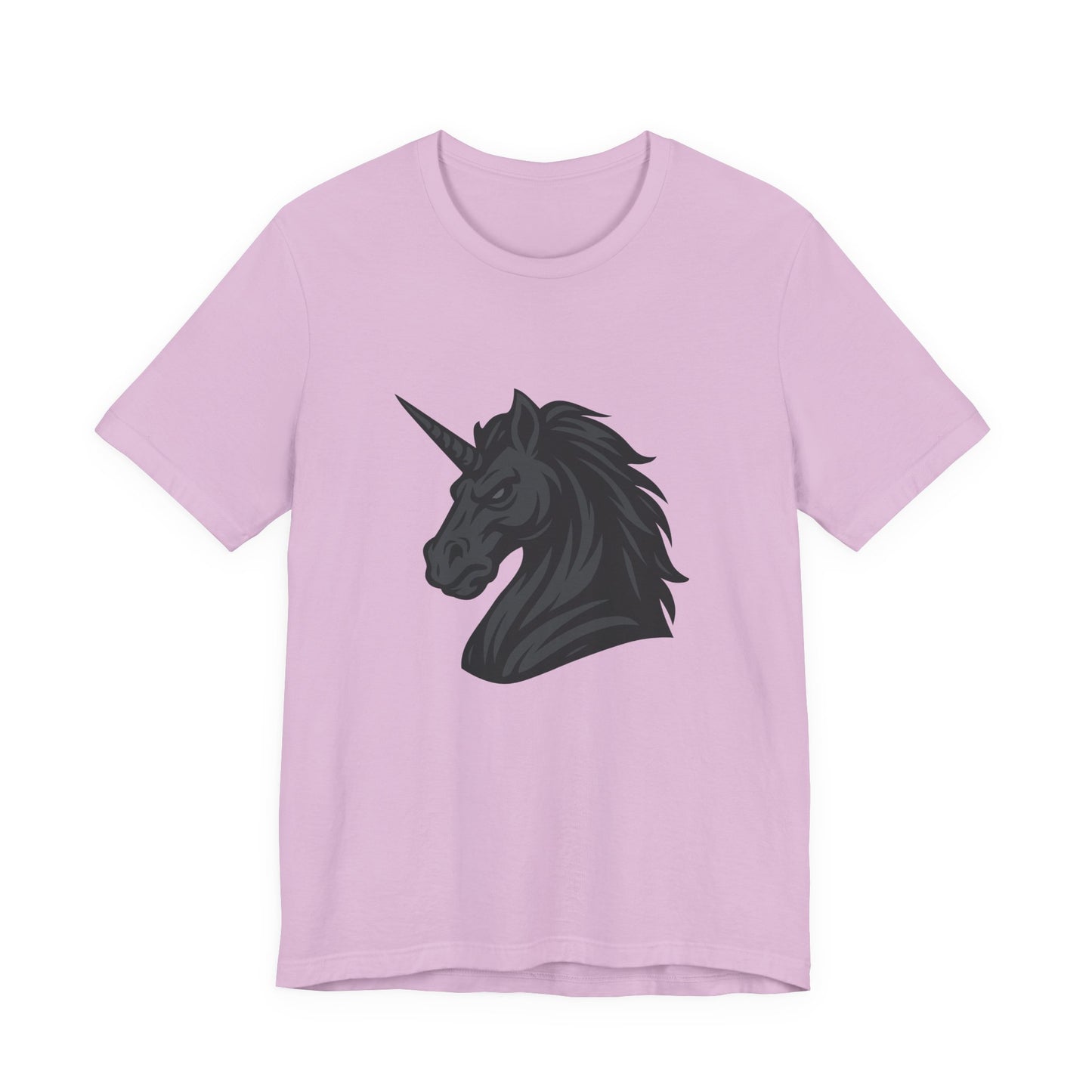 Dark Unicorn Profile T-Shirt – Dark Theme Grayscale Fierce Mythical Horse Design on Black Tee with Gothic Magic and Modern Ghost Effect. Unisex Jersey Short Sleeve Tee