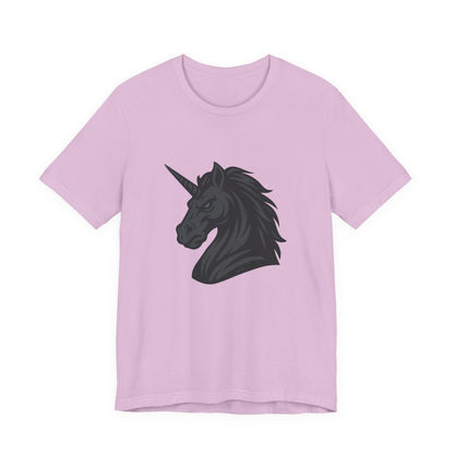 Dark Unicorn Profile T-Shirt – Dark Theme Grayscale Fierce Mythical Horse Design on Black Tee with Gothic Magic and Modern Ghost Effect. Unisex Jersey Short Sleeve Tee