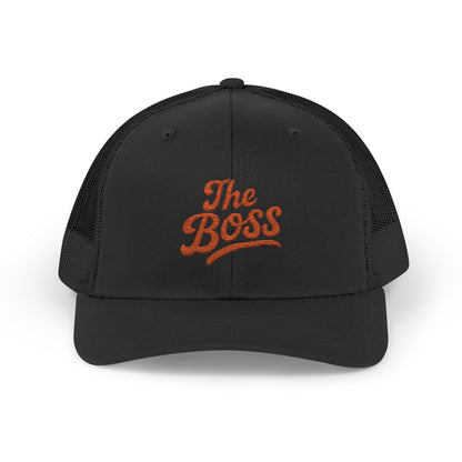 The Boss Trucker Hat – Embroidered Statement Hat for Power Moves Only. Orange Letters