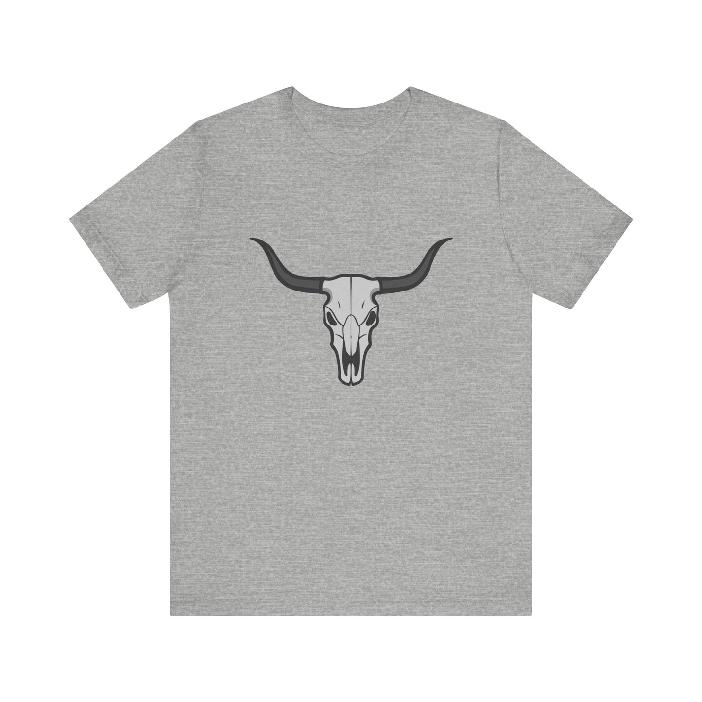 Dark Theme Steer Skull Shirt – Western Cow Skull Graphic in Grey and Black for Desert Gothic Vibes. Unisex Jersey Short Sleeve Tee