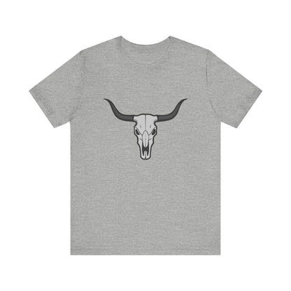 Dark Theme Steer Skull Shirt – Western Cow Skull Graphic in Grey and Black for Desert Gothic Vibes. Unisex Jersey Short Sleeve Tee