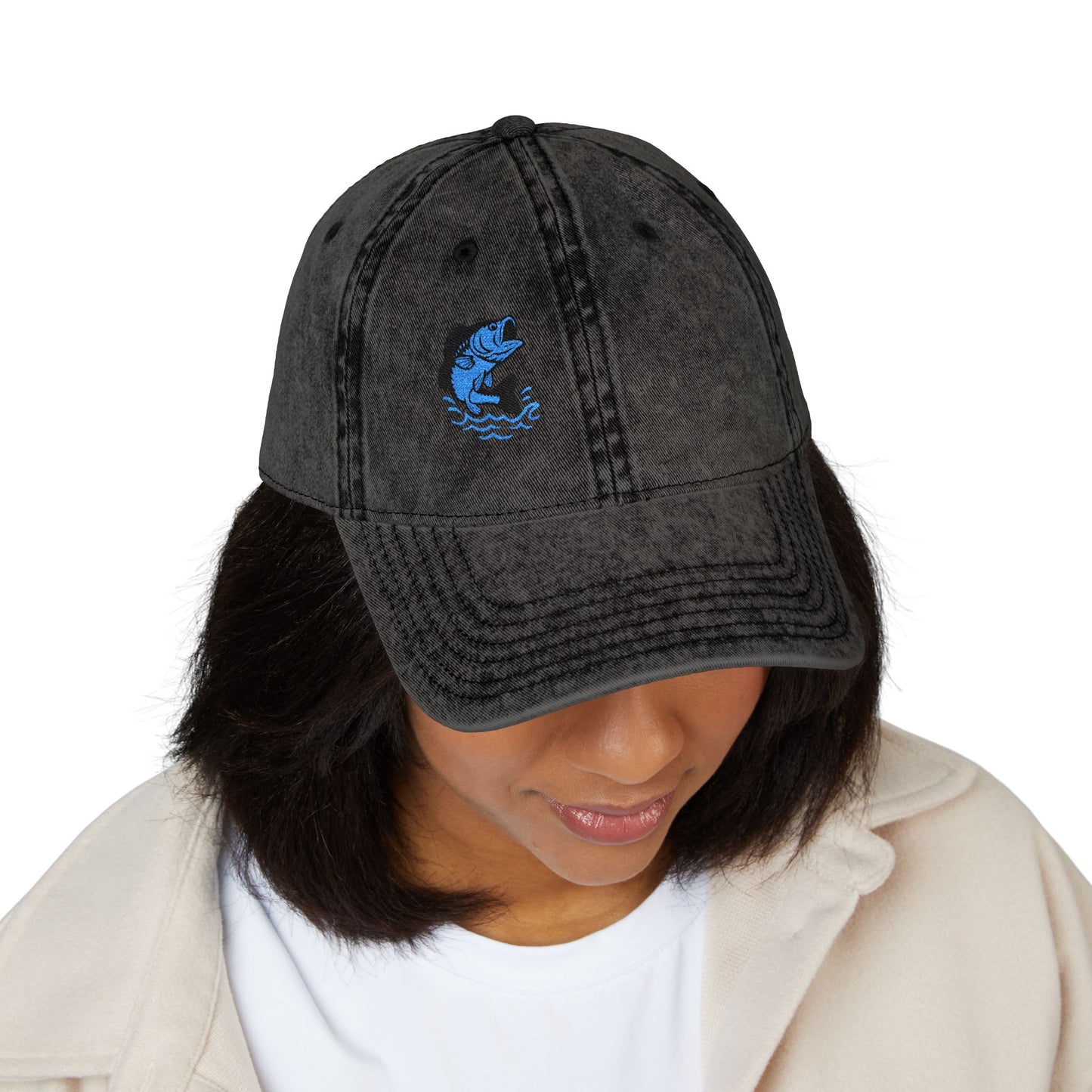 Jumping Fish Vintage Hat – Embroidered Blue Fishing Hat for Anglers, Lake Days, and Outdoor Style