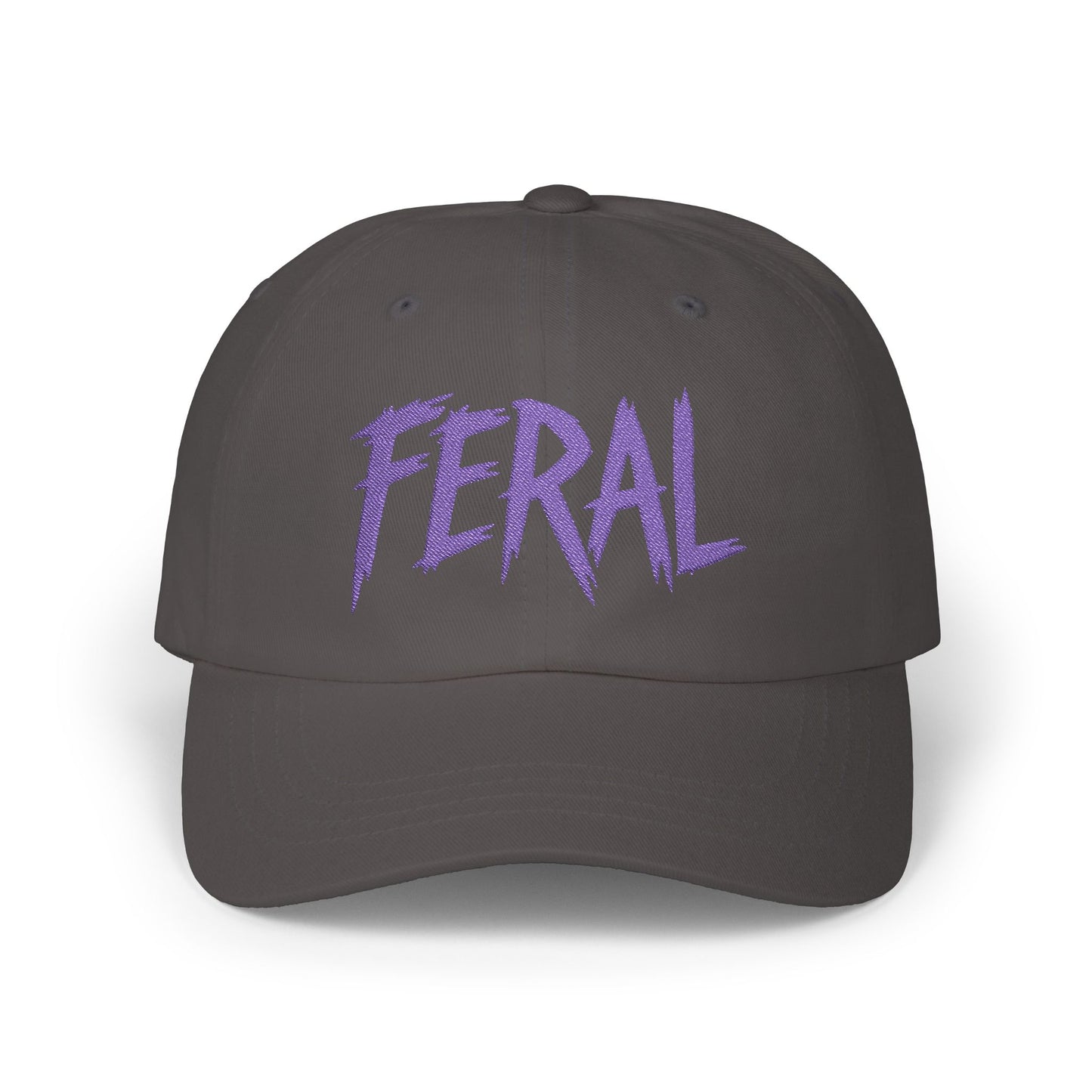 FERAL Embroidered Classic Dad Hat – Bold Statement Baseball Hat with Wild Energy Font for Rebels, Misfits, and Chaos Enthusiasts. Purple Letters