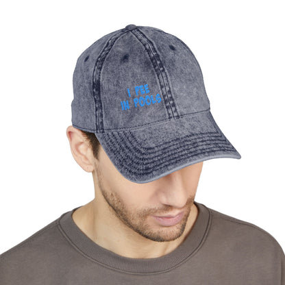 I Pee In Pools Vintage Hat – Funny Hat with Bold Blue Text for Lifeguard Terrors and Poolside Menaces