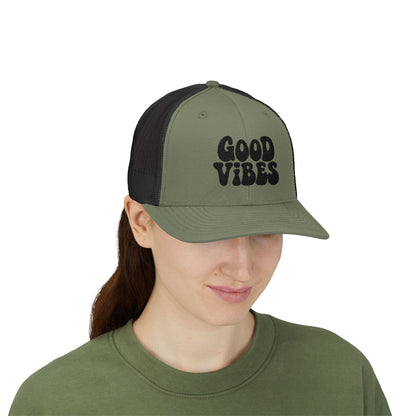Good Vibes Trucker Hat – Embroidered Retro Text Hat for Positive Vibes, Chill Style, and Everyday Feel-Good Energy. Black Letters