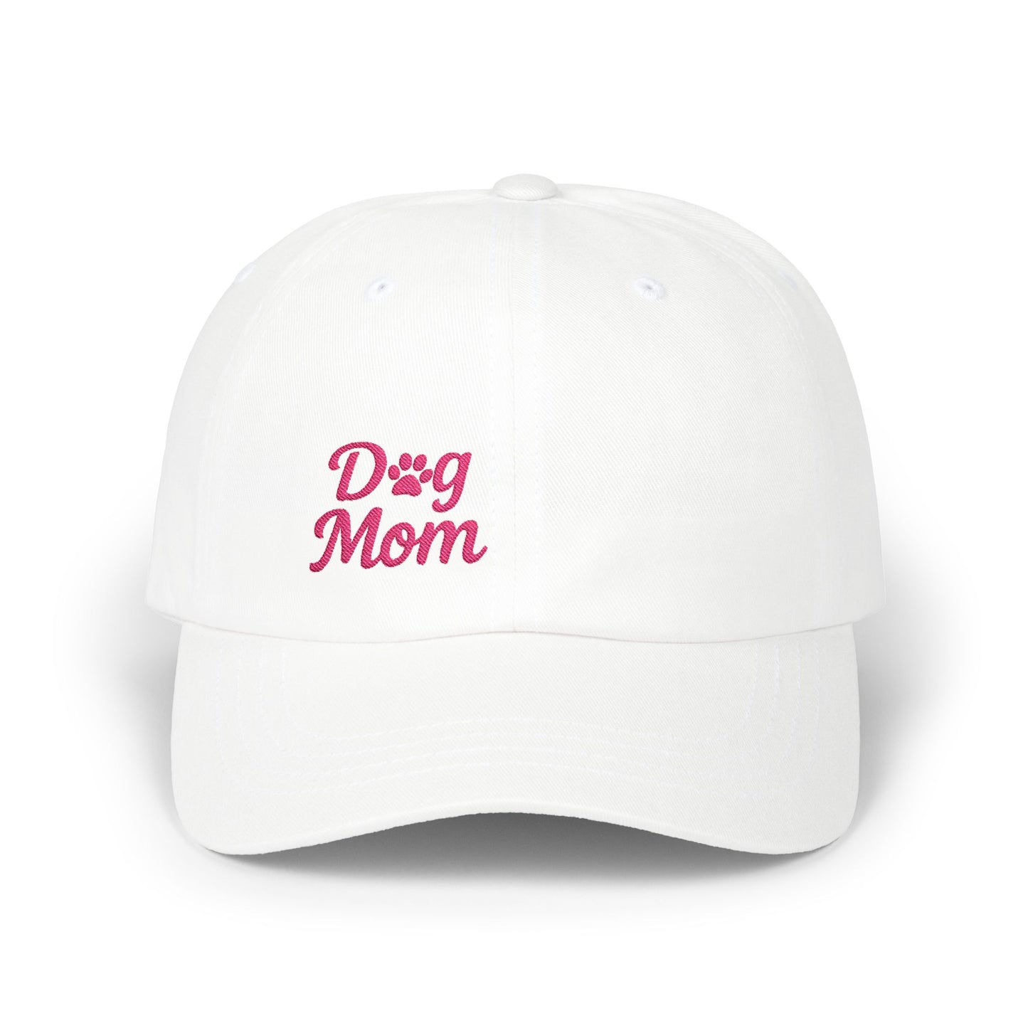 Dog Mom Classic Dad Hat – Embroidered Minimalist Dog Face Hat for Proud Pet Moms and Canine Queens. Pink Letters