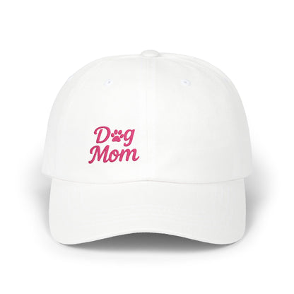 Dog Mom Classic Dad Hat – Embroidered Minimalist Dog Face Hat for Proud Pet Moms and Canine Queens. Pink Letters