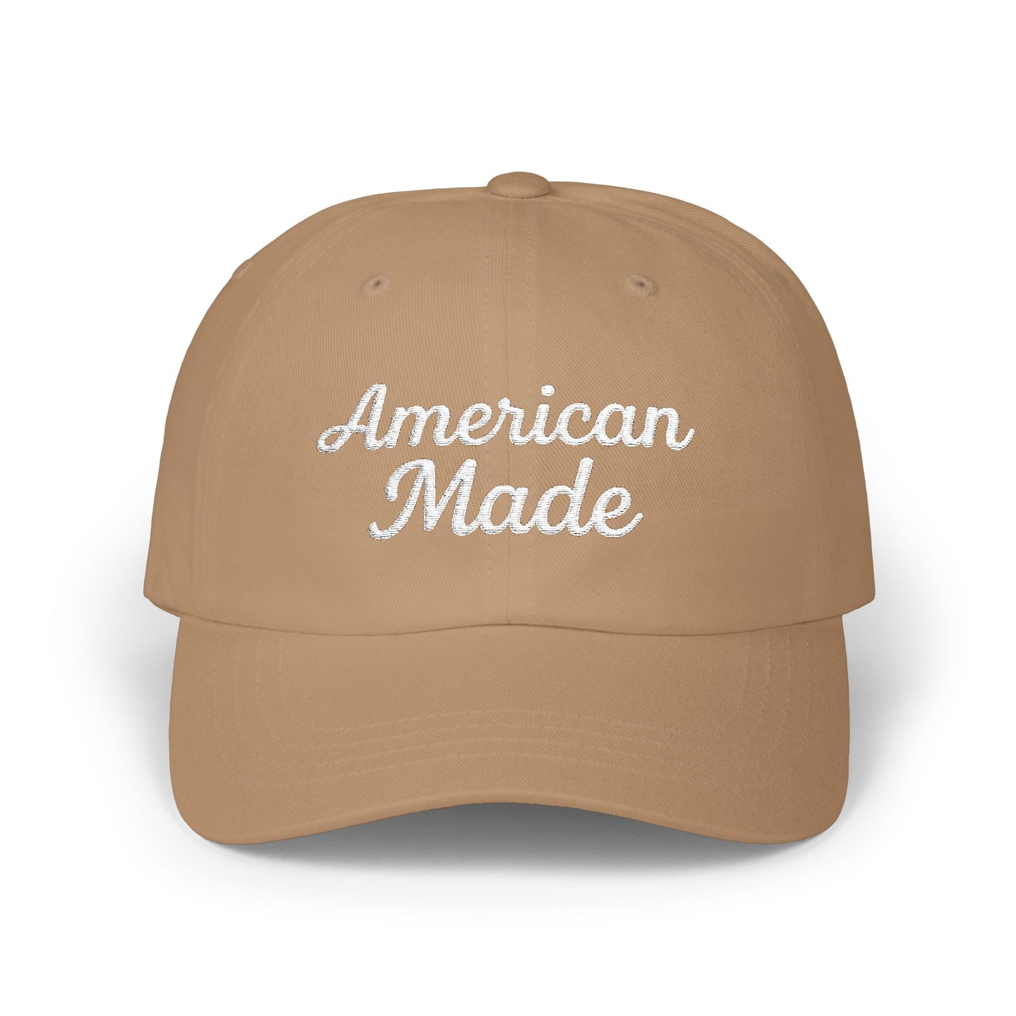 American Made Classic Dad Hat – Embroidered Patriotic Baseball Hat with Retro Script for USA Pride and Everyday Wear. White Letters