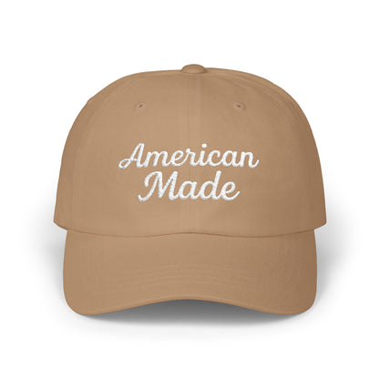 American Made Classic Dad Hat – Embroidered Patriotic Baseball Hat with Retro Script for USA Pride and Everyday Wear. White Letters