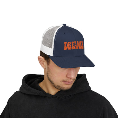 Dreamer Trucker Hat – Embroidered Minimalist Script Hat for Visionaries, Creatives, and Chill Daydreamers. Orange Letters