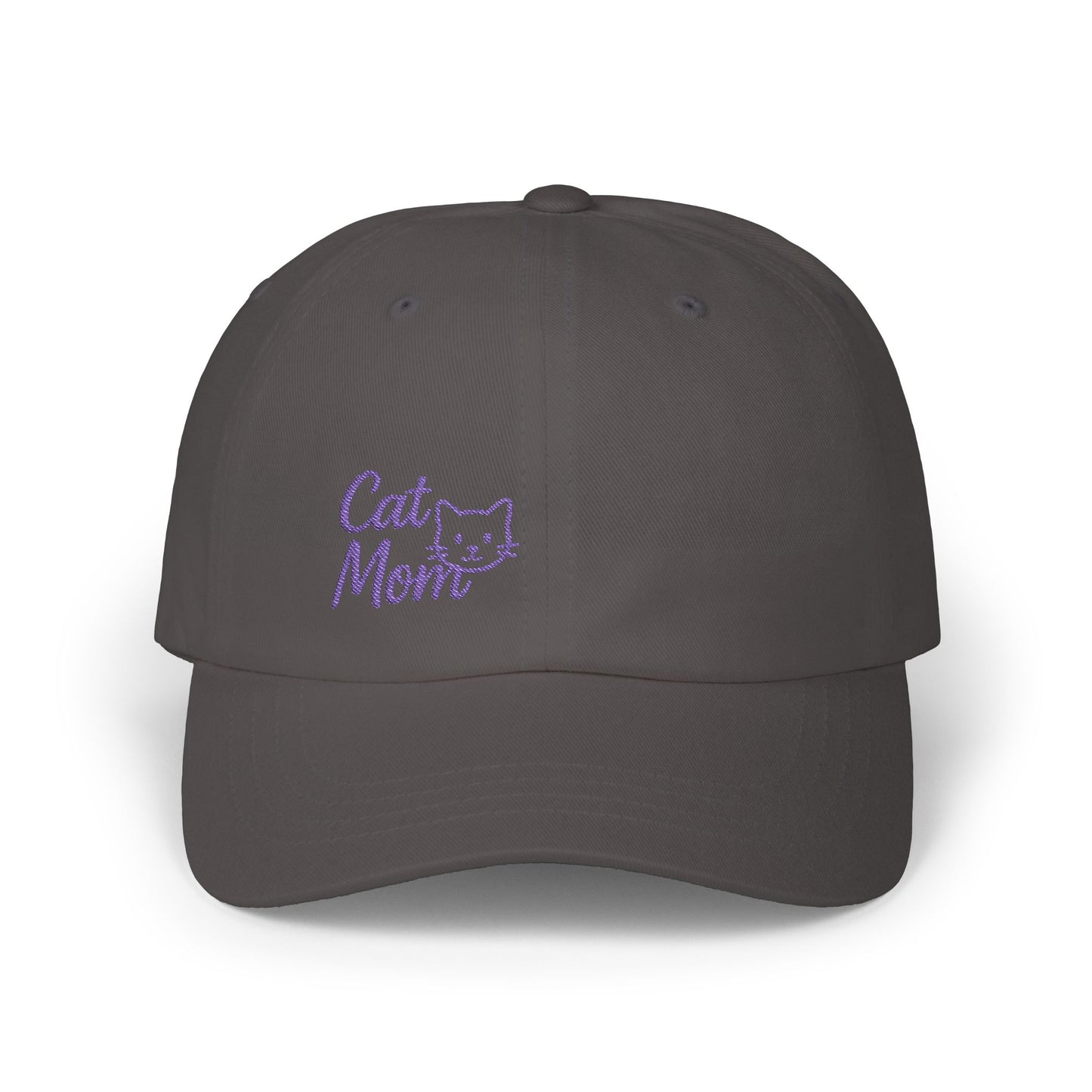 Cat Mom Classic Dad Hat – Embroidered Minimalist Cat Face Hat for Feline-Loving Women with Style. Purple Letters