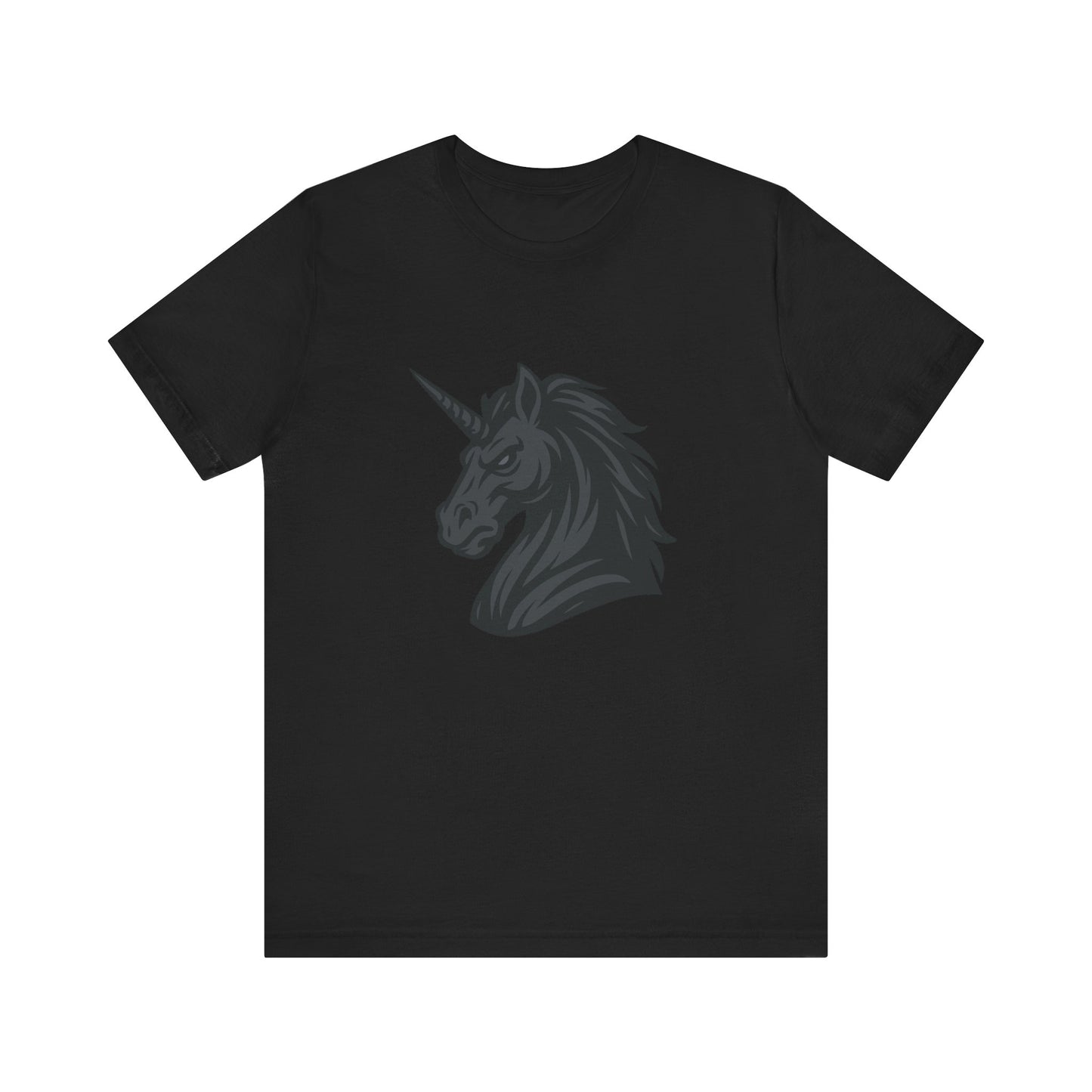 Dark Unicorn Profile T-Shirt – Dark Theme Grayscale Fierce Mythical Horse Design on Black Tee with Gothic Magic and Modern Ghost Effect. Unisex Jersey Short Sleeve Tee