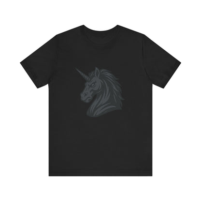 Dark Unicorn Profile T-Shirt – Dark Theme Grayscale Fierce Mythical Horse Design on Black Tee with Gothic Magic and Modern Ghost Effect. Unisex Jersey Short Sleeve Tee
