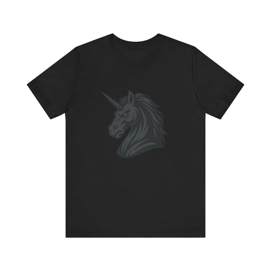 Dark Unicorn Profile T-Shirt – Dark Theme Grayscale Fierce Mythical Horse Design on Black Tee with Gothic Magic and Modern Ghost Effect. Unisex Jersey Short Sleeve Tee
