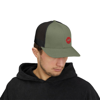 Red Lips Trucker Hat – Embroidered Pop Art Hat with Kiss Design