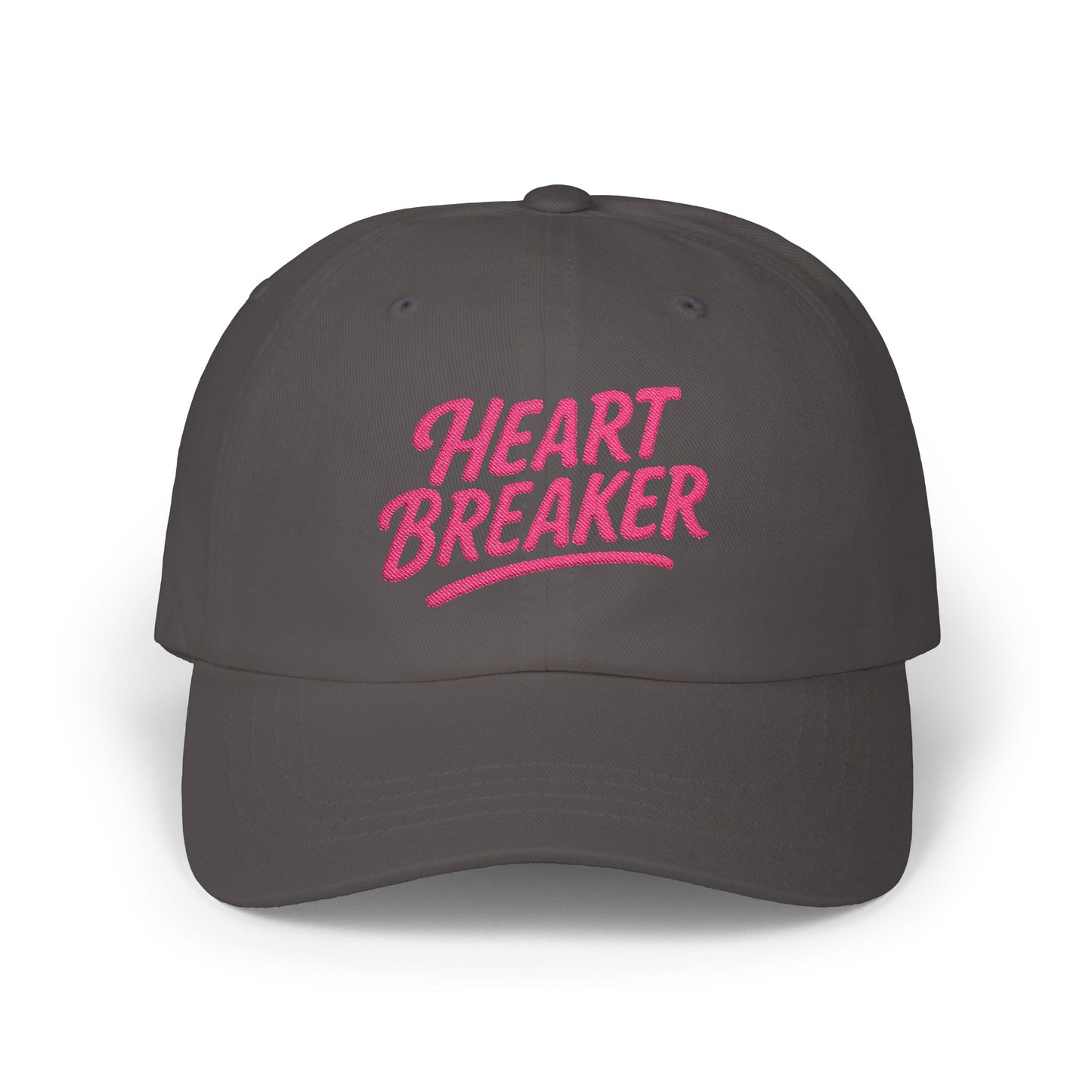 Heartbreaker Embroidered Classic Dad Hat – Bold Baseball Hat with Retro Script and Broken Heart Design for Confident Rule-Breakers. Pink Letters