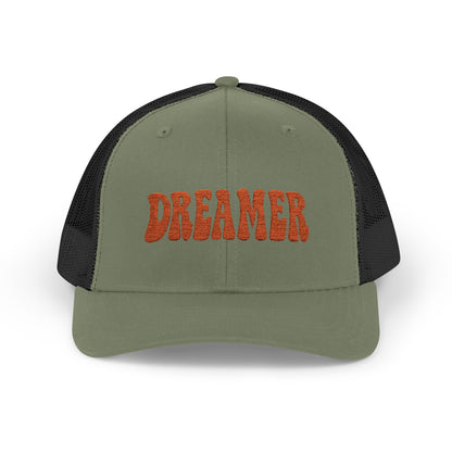Dreamer Trucker Hat – Embroidered Minimalist Script Hat for Visionaries, Creatives, and Chill Daydreamers. Orange Letters