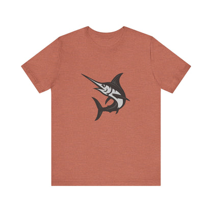 Swordfish Graphic T-Shirt – Dark Theme Grayscale Ocean Predator Design on Black Tee with Streamlined Power and Modern Ghost Effect. Unisex Jersey Short Sleeve Tee