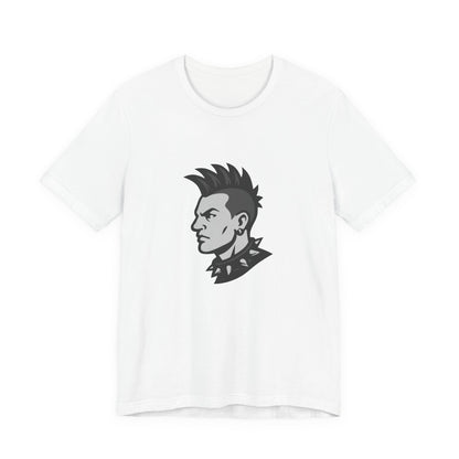 Punk Guy Graphic T-Shirt – Dark Theme Grayscale Mohawk Portrait on Black Tee with Attitude and Subtle Modern Ghost Effect. Unisex Jersey Short Sleeve Tee
