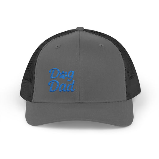 Dog Dad Trucker Hat – Embroidered Minimalist Dog Face Hat for Proud Pet Dads and Canine Companions. Blue Letters